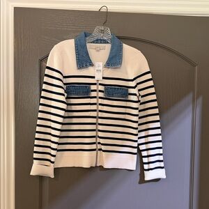 LOFT Cream and Navy Striped Zip Sweater with Denim Collar